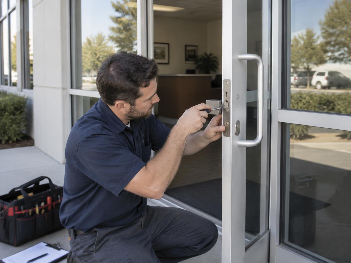 Commercial storefront lock being fitted at a small office suite in Northern Virginia