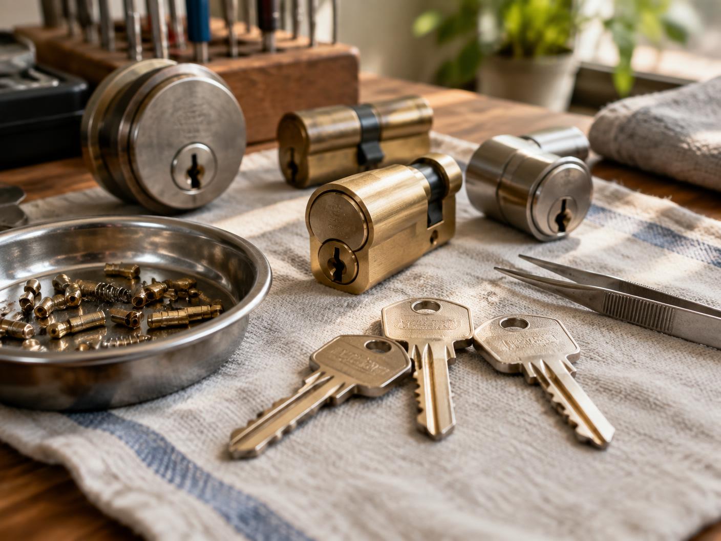 Lock cylinders, brass pins and freshly cut keys on the TW Locksmith work bench