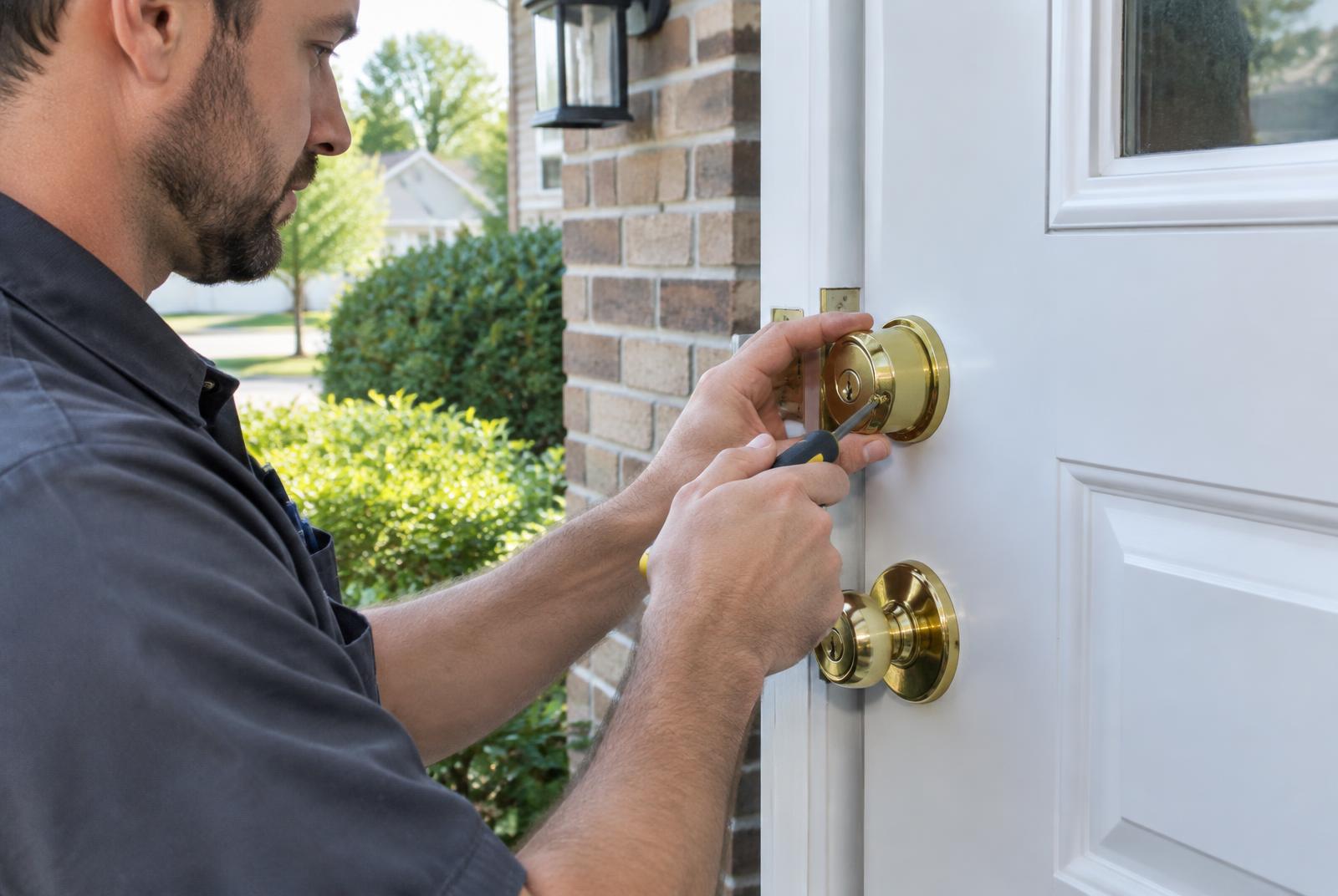 John Schwar of TW Locksmith Services installing a deadbolt on a front door in Manassas, VA